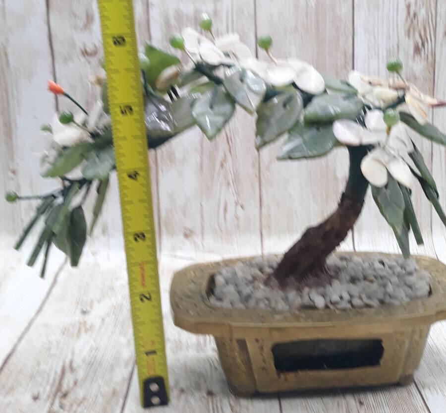 Hand Crafted Chinese Jade Bonsai Eucalyptus Tree Brass Base