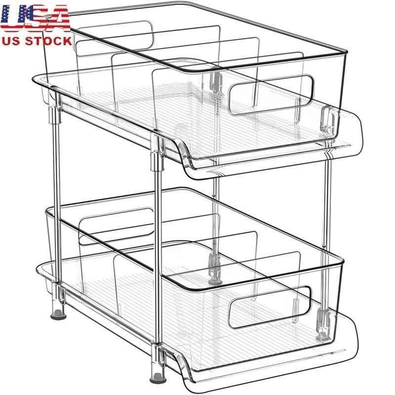 2-Tier Pull-Out Organizer Bathroom Kitchen Storage W/ Removable Dividers New