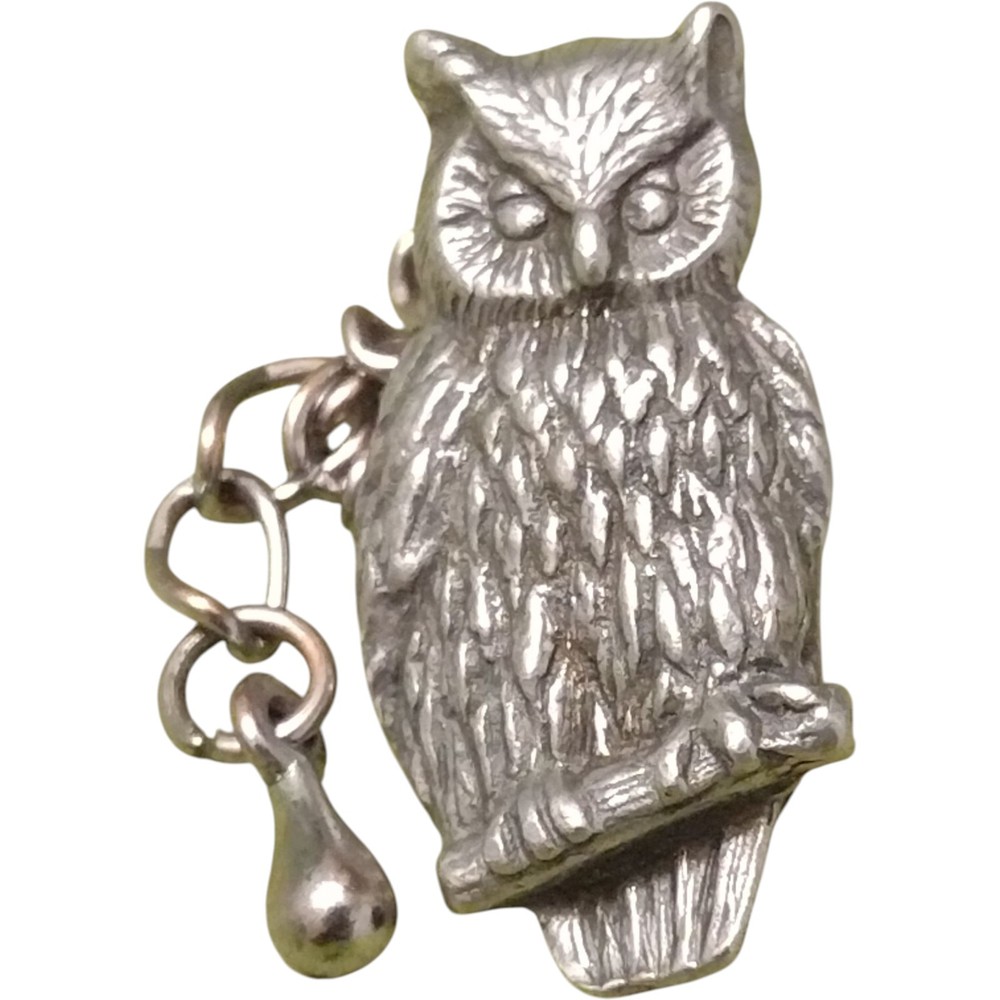 Realistic Owl Silver Pewter Bird Button Charm 7/8" Handmade Signed Danforth 1992
