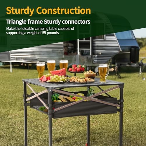 Aluminum Square Table, Adjustable Height Folding Camping Table, Small
