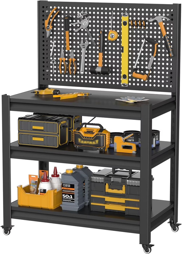 Heavy Duty Garage Workbench w Pegboard Wheels Adjustable Tool Table