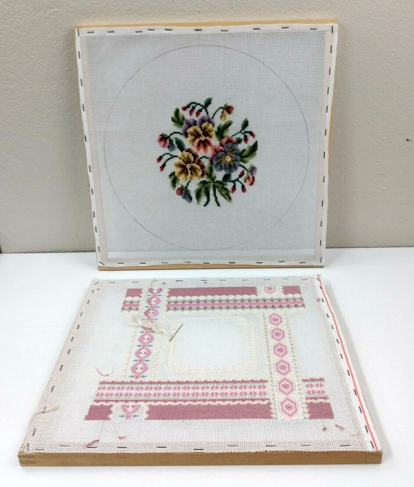 2 Needlepoint Flowers Pink  w. Stretching Frame Unfinished