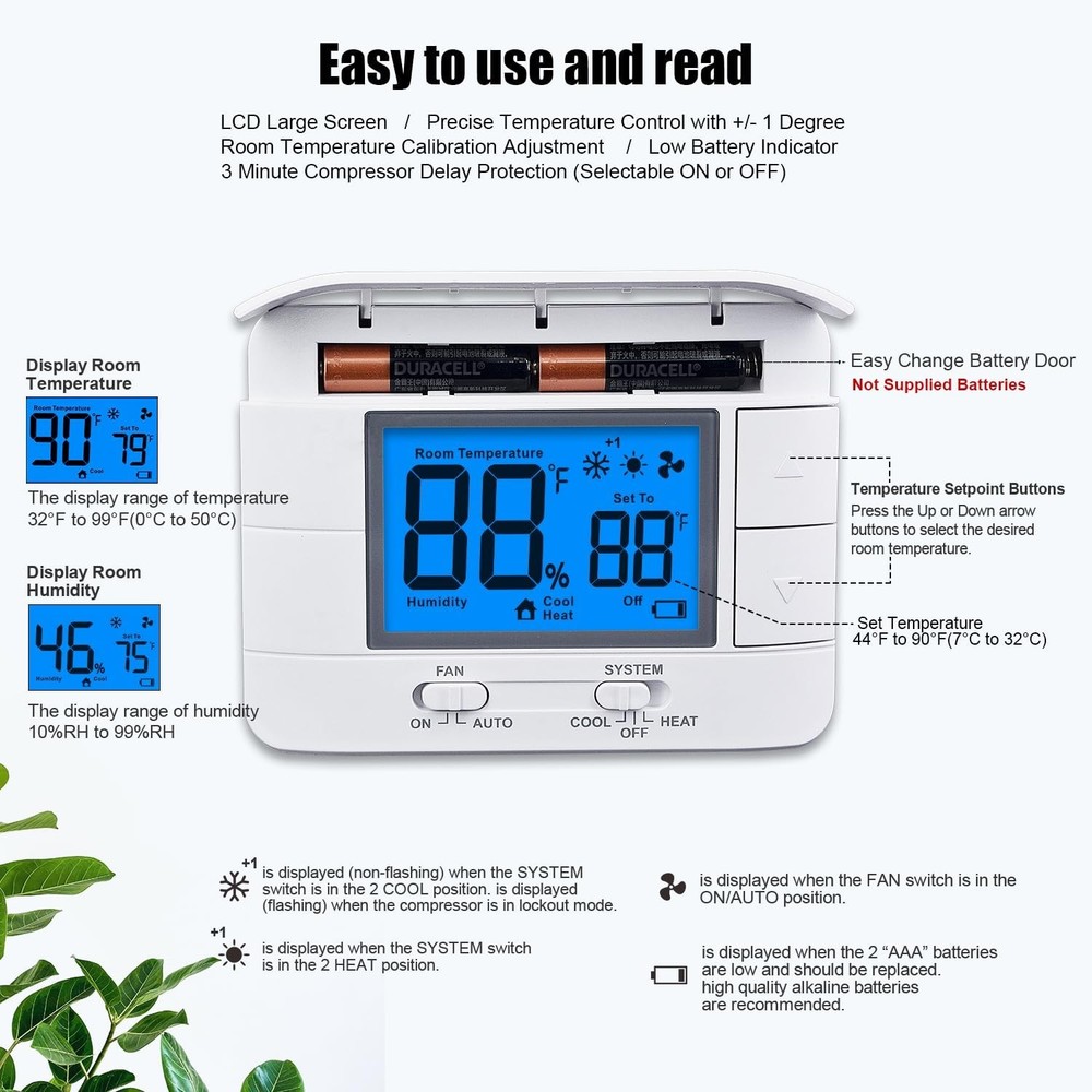 Non Programmable Thermostat for Home - Multi Stage 2H/2C, with Large LCD Display