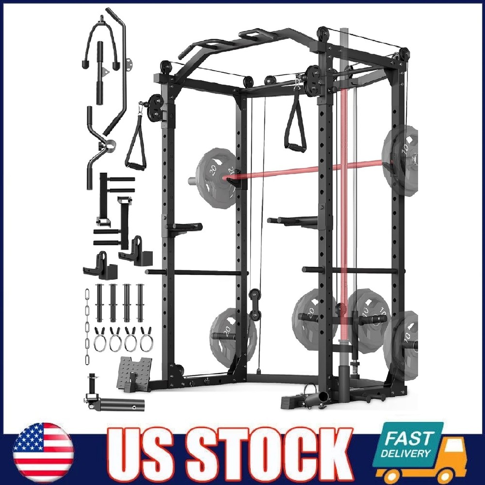 Power Cage Multi-Function Power Rack Home Gym with J Hooks Dip Bar Pulley System