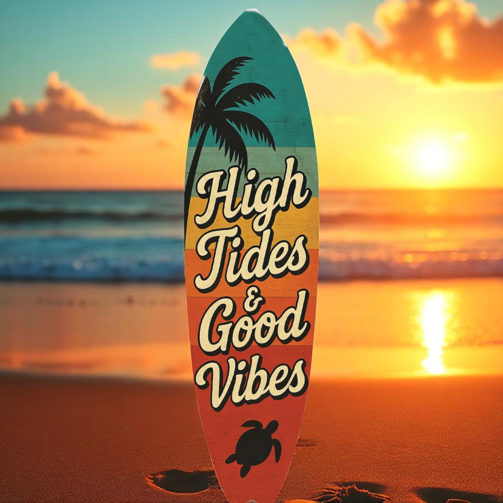 High Tides Good Vibes Surfboard Sign, Coastal Wall Decor, Beach Art, 3 - 5 Feet