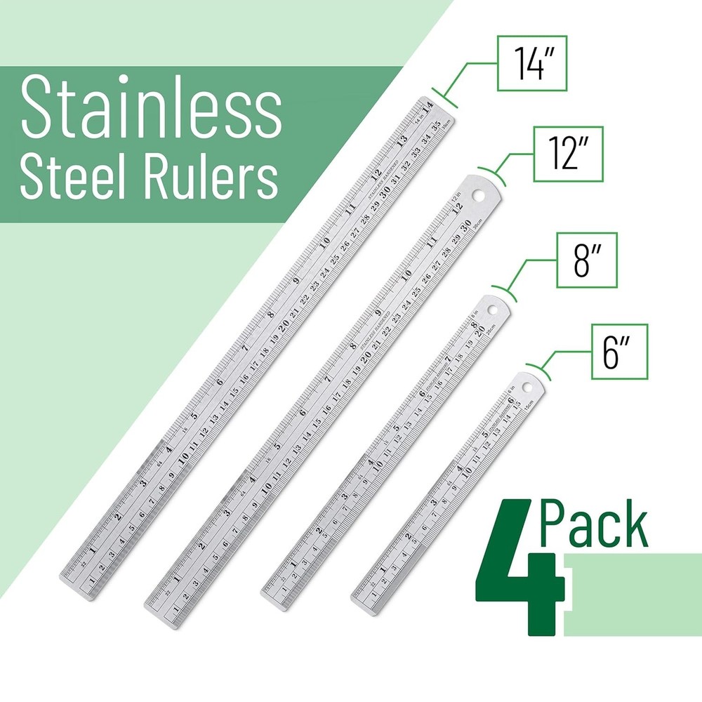 Professional Measuring Tools - 4 Stainless Steel Rulers with Conversion Table