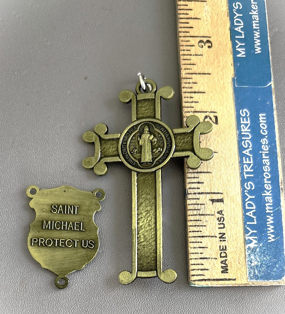 2.5" LARGE Saint BENEDICT Rosary Crucifix & Saint Michael Centerpiece 2pc BRONZE