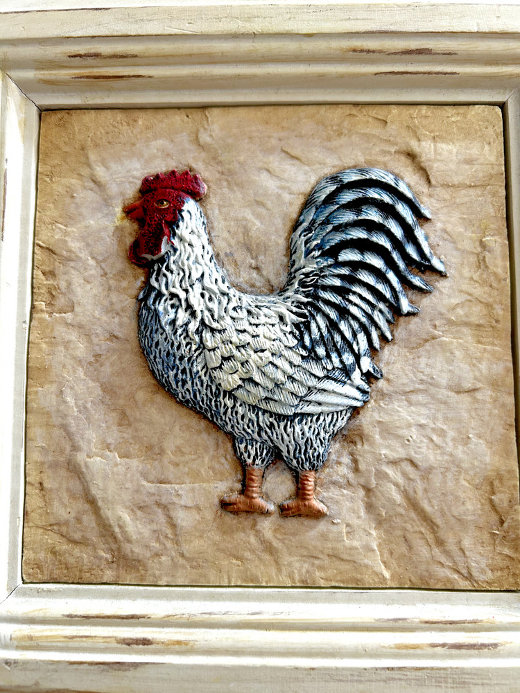 Framed Ceramic Tile Rooster Plaque 8" by 8" Shabby Chic Frame