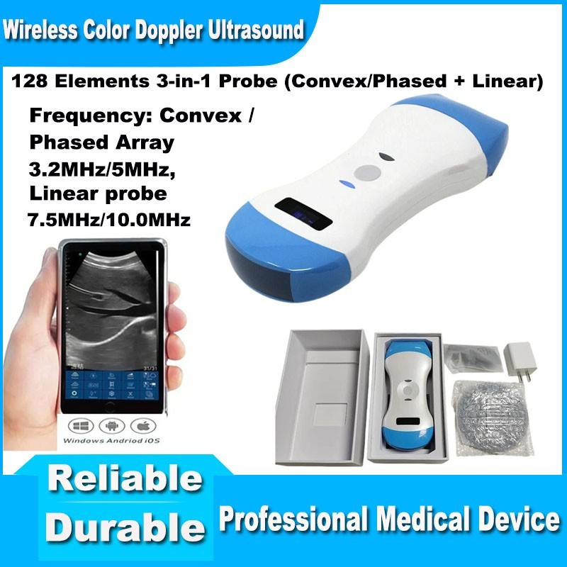 New Wireless Ultrasound 3 in 1 Probe 128 Elements Linear Convex Color Doppler