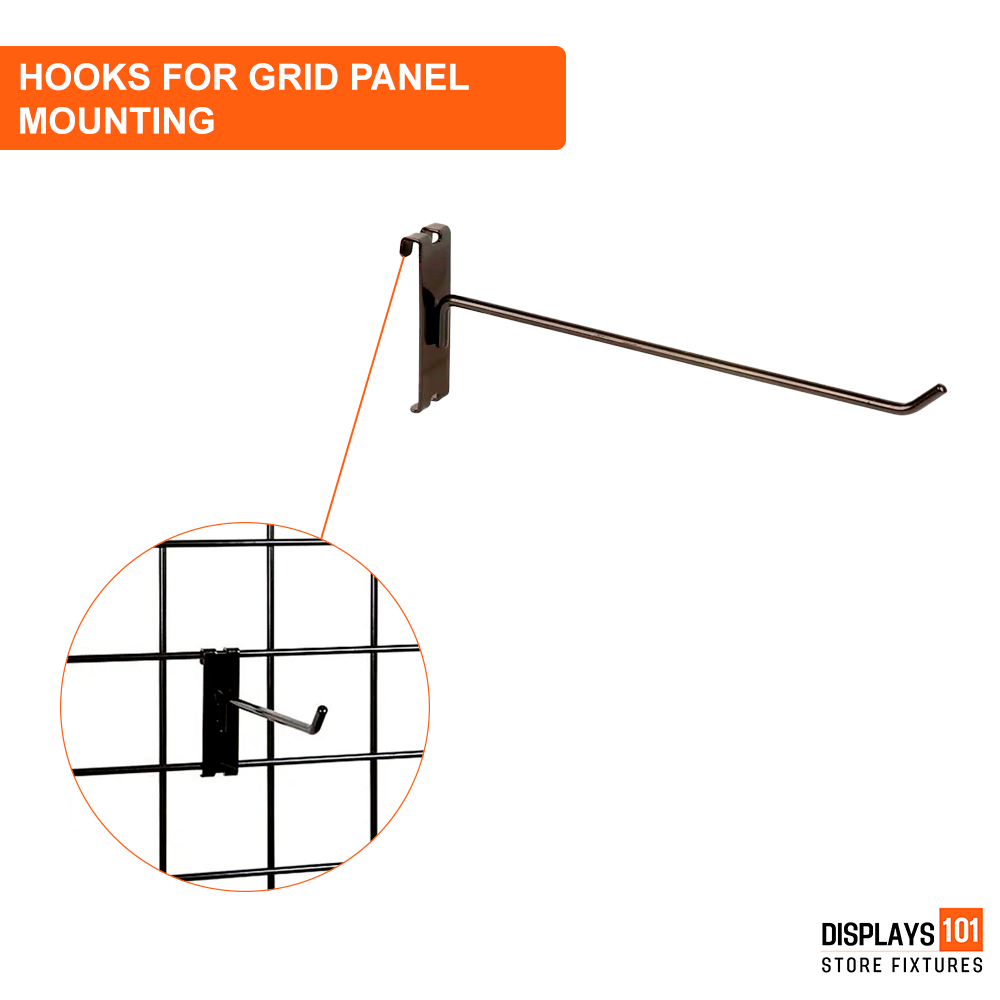 10" Gridwall Hooks | 100-Pack Black Hooks For Grid Panel Displays - NEW