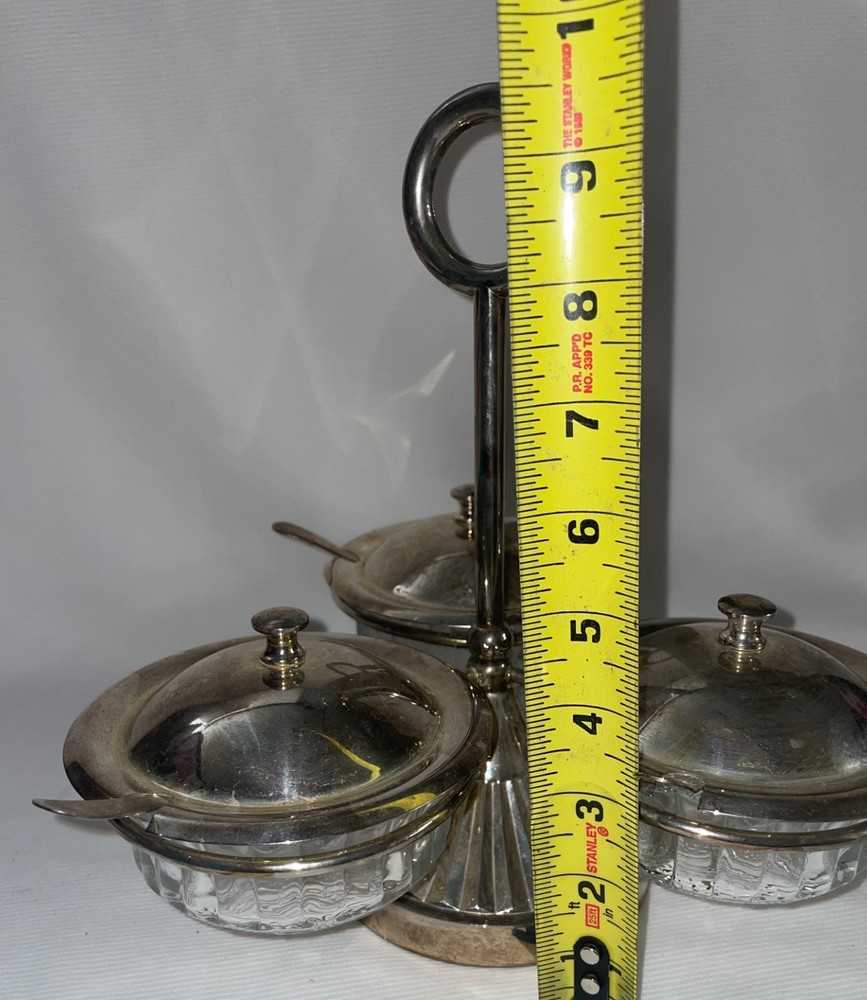 Sheffield England Silver Plate Handled 3 Bowl W/Lids & Spoons Condiment Set