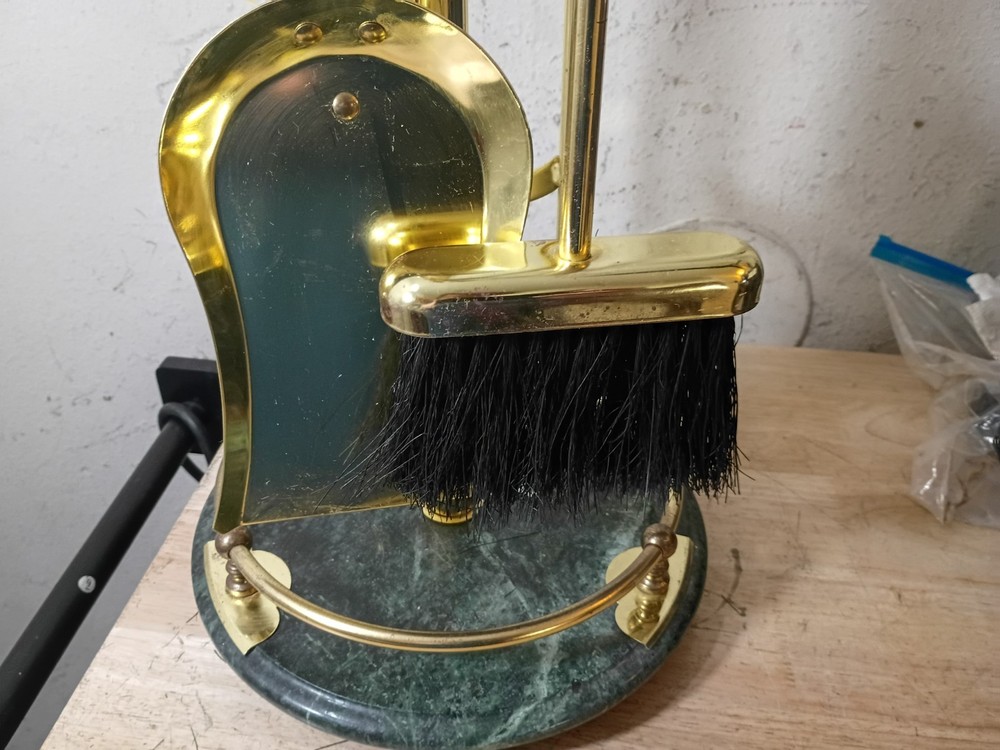 Vintage Green Marble and Bright Brass Fireplace Tool Set **EUC