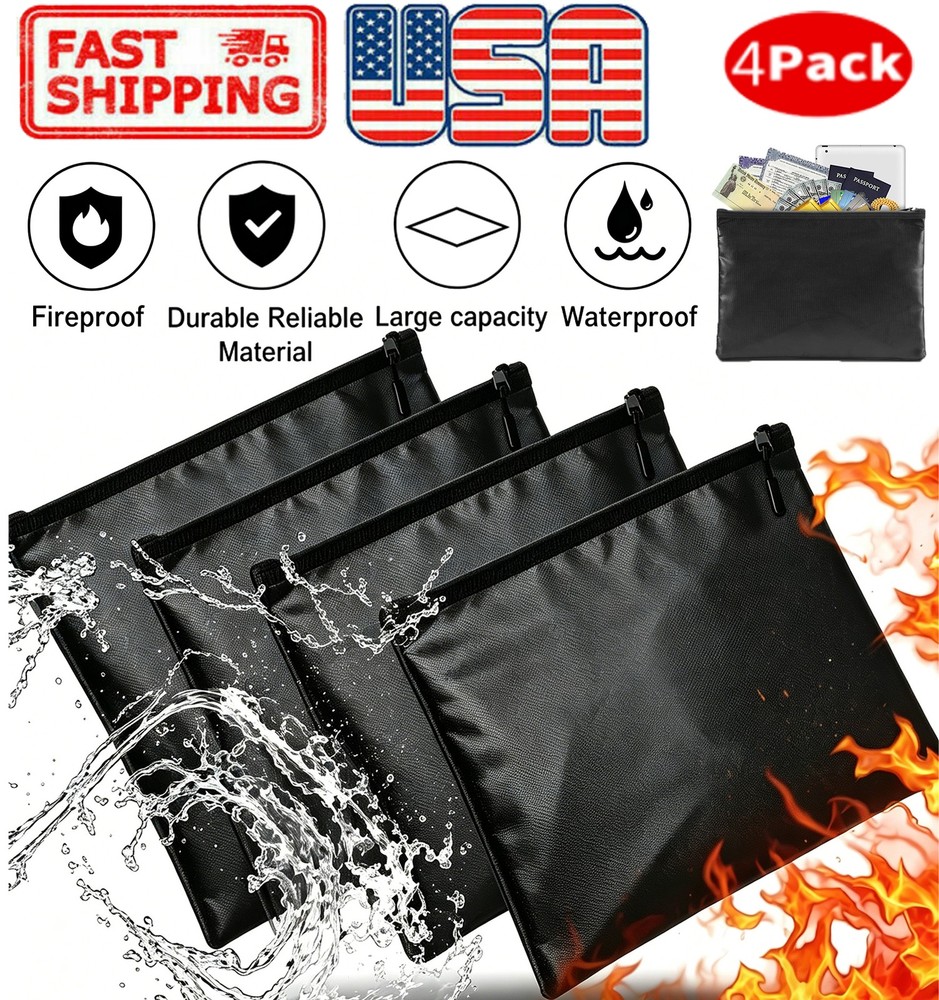 4 Pcs 2000℉ Fire Proof money Bag Fireproof Document Pouch Waterproof Safe Cash