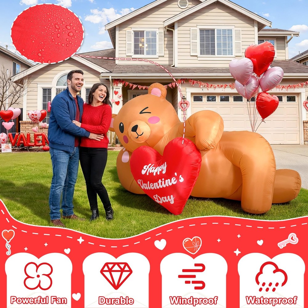 AerWo 8FT Valentines Inflatables Lying Bear, LED Lighted Romantic Valentines Day