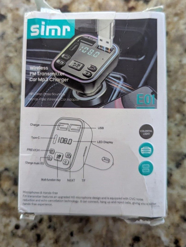 simr E01 Wireless FM Transmitter Car MP3 Charger type c UDisk Playback