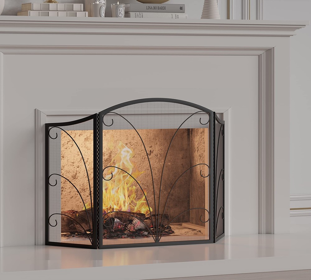 Kingson 3-Panel Arched Fireplace Screen Decorative, Handcrafted Scroll Wrough...