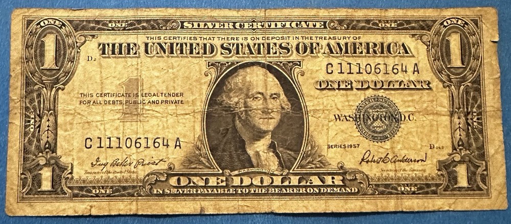 1957 $1 Silver Certificate US Dollar Bill Blue Seal Note