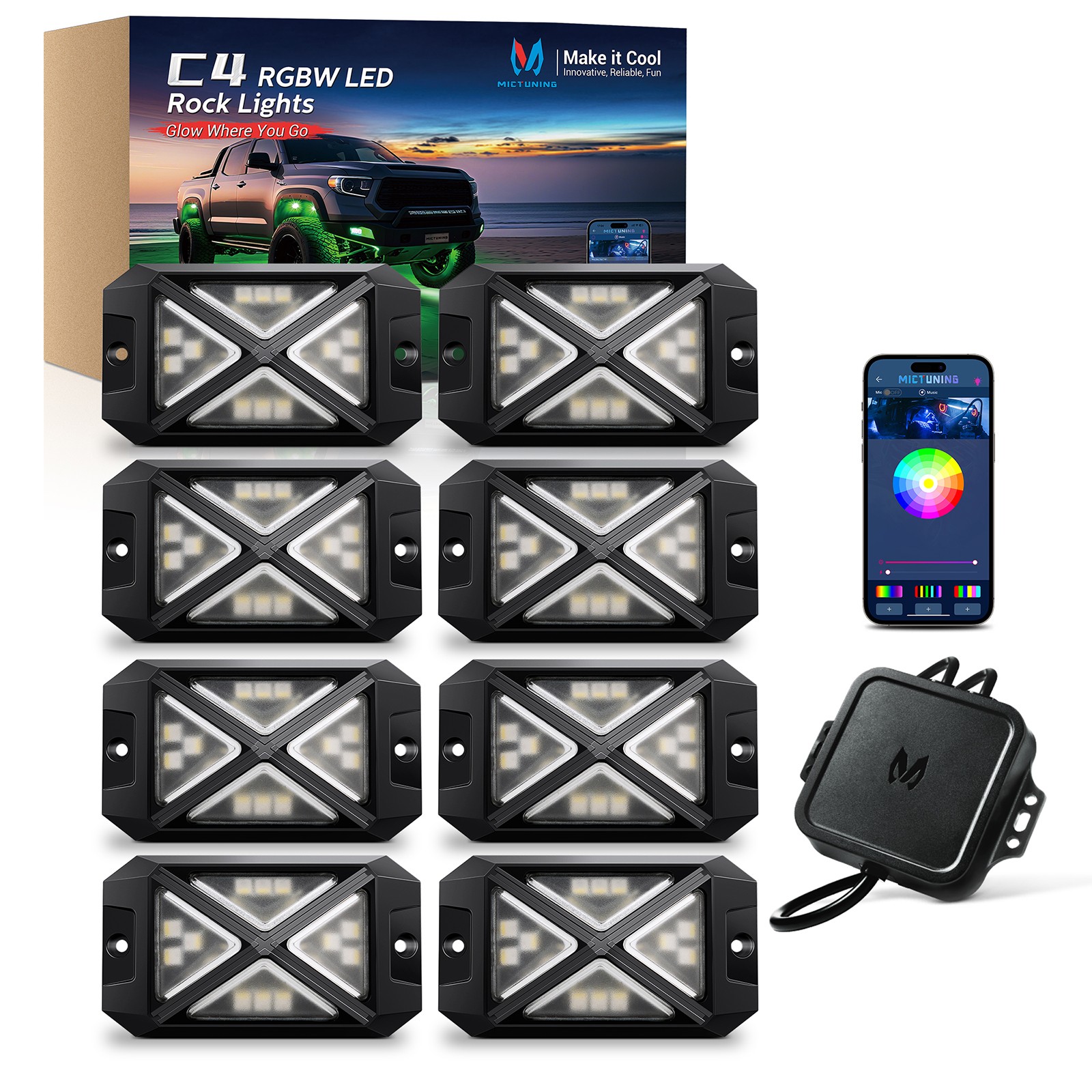 MICTUNING C4 RGBW LED Rock Light 8/12/16 Pods Underglow Accent Light App Control