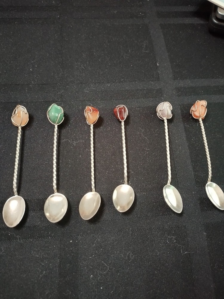 Set of 6 Silver and gemstone demi-tass spoons