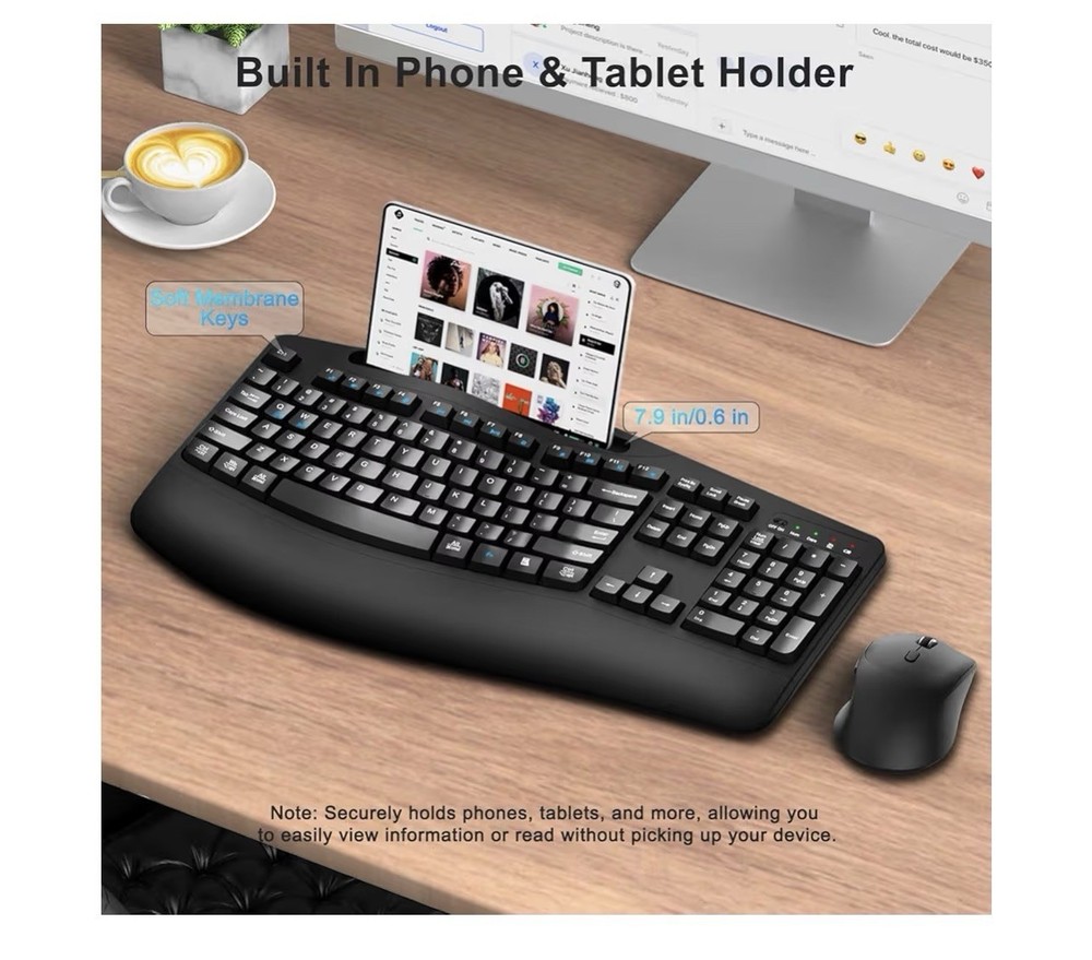 Wireless Keyboard and Mouse Combo, 2.4G Full Size Wave Keys Ergonomic
