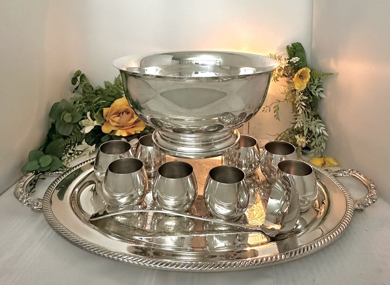 Punch Bowl Silver Plated Set Tray, Cups, Bowl, Ladle Vintage Drinkware - 14 pc