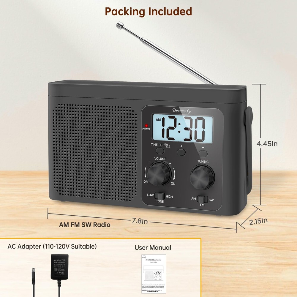 Portable AM FM Shortwave Radio - Strong Reception, Battery or AC Powered