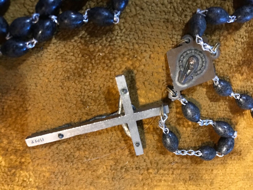 Vintage Rosary with Black Rectangular Beads Made in Italy Prayer Beads Crucifix 