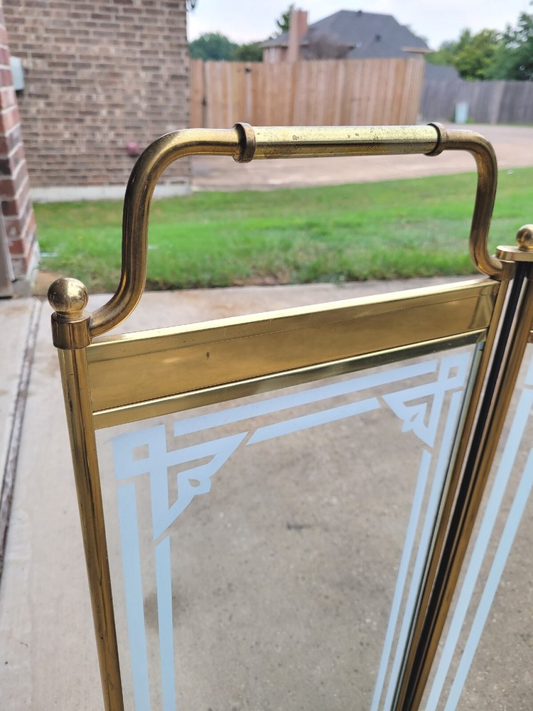Vintage Folding Brass and 4 Glass Panel Fireplace Screen