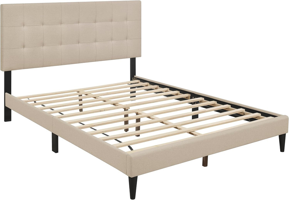 Evanston Queen Tufted Upholstered Platform Bed Frame in Beige Linen