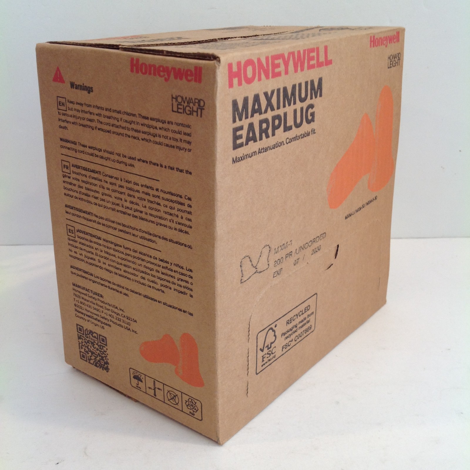 Howard Leight Max-1 MXM-1 Uncorded Earplugs Foam NRR 33 dB Orange 200 Pair Box