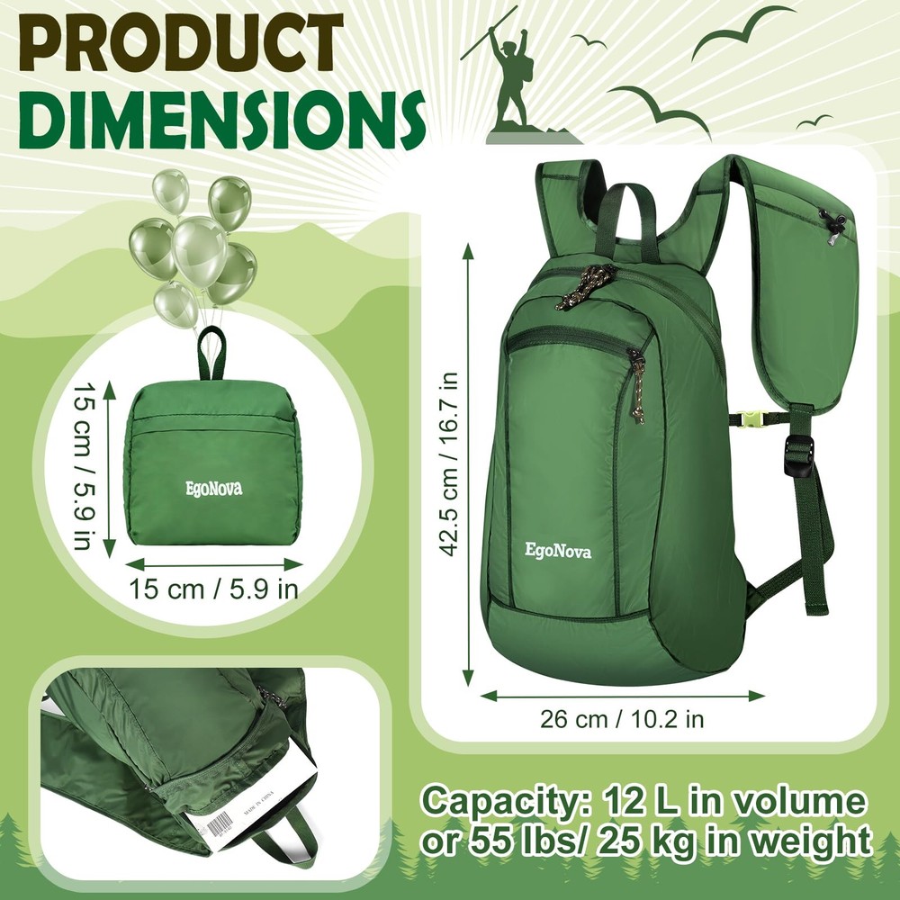 12L Ultralight Thin Packable Daypack, Small Foldable Hiking Backpack Travel ...