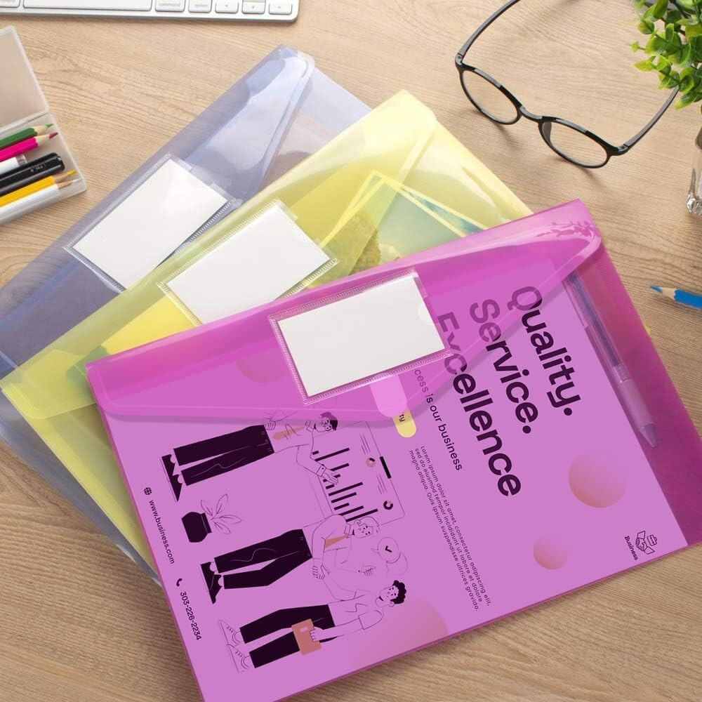 Durable 10-Pack Clear Plastic Envelopes - Safe Closure & Colorful Label Pockets