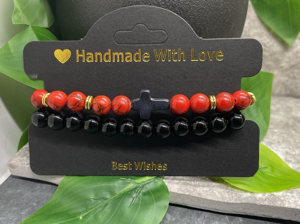 2 PC Handmade Beaded Stackable 6.5” Plus Stretch Bracelet Set Cross New B3707