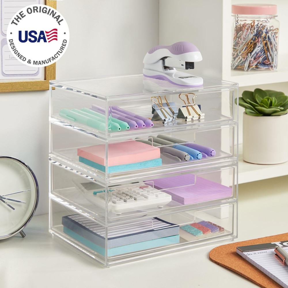 Chloe Space-Saving Clear Drawer Organizer (4 Wide Drawers) Sort Office Kitchen