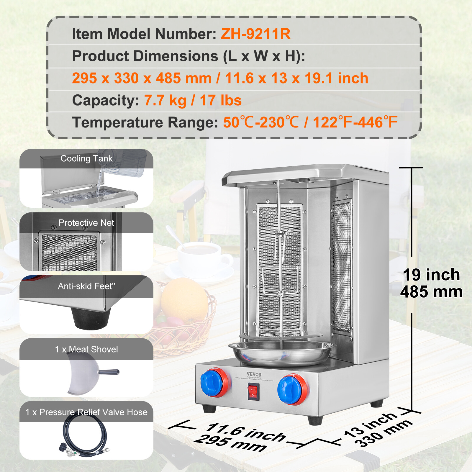 VEVOR Stainless Steel Gas Shawarma Grill Machine Vertical Gyro Rotisserie Doner