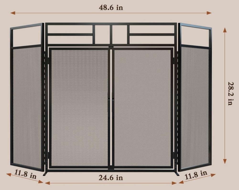 3-Panel Folding Fireplace Screen with Magnetic Hinged Doors Solid Wrought Iron