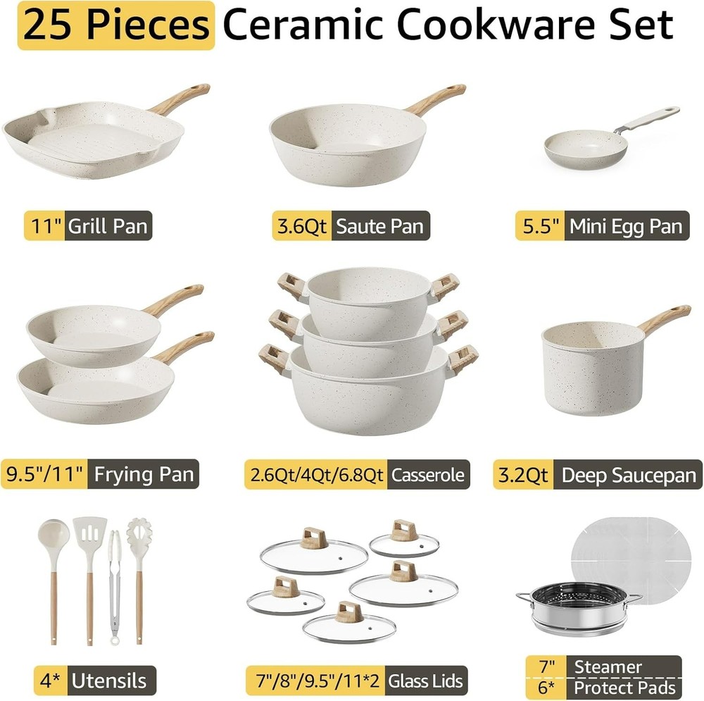 25Pcs Nonstick Ceramic Cookware Set, PFAS-Free, Induction Ready