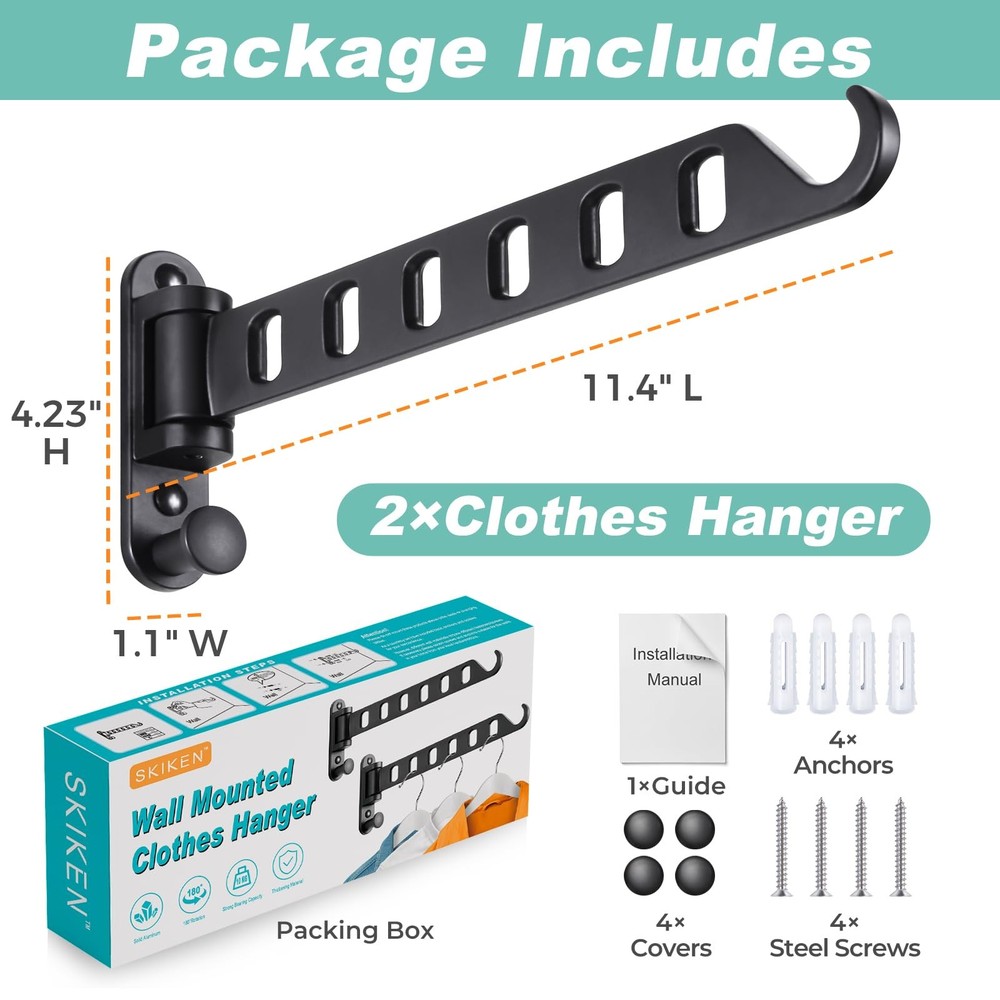 2 Pack Laundry Drying Rack Wall Mounted Swing Arm 6 Hole Folding Black Metal