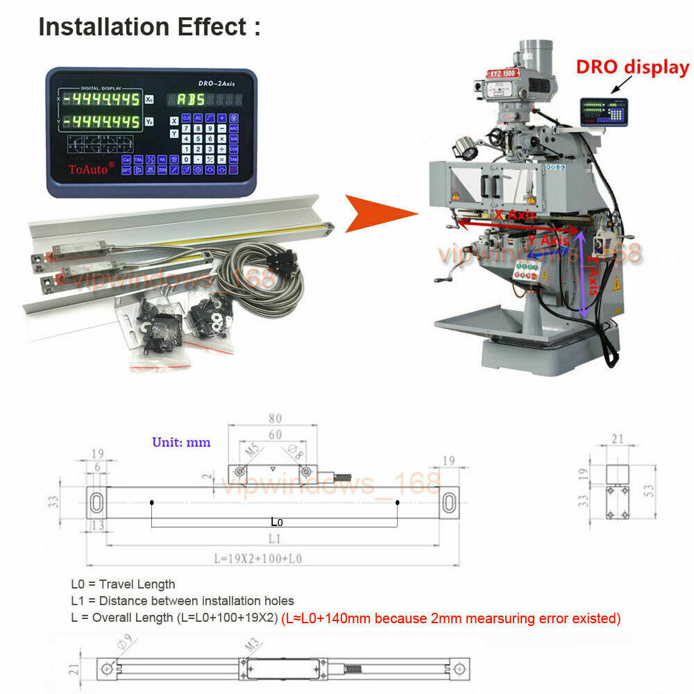 2 Axis Digital Readout DRO &2 TTL Linear Glass Scale Encoder for milling CNC