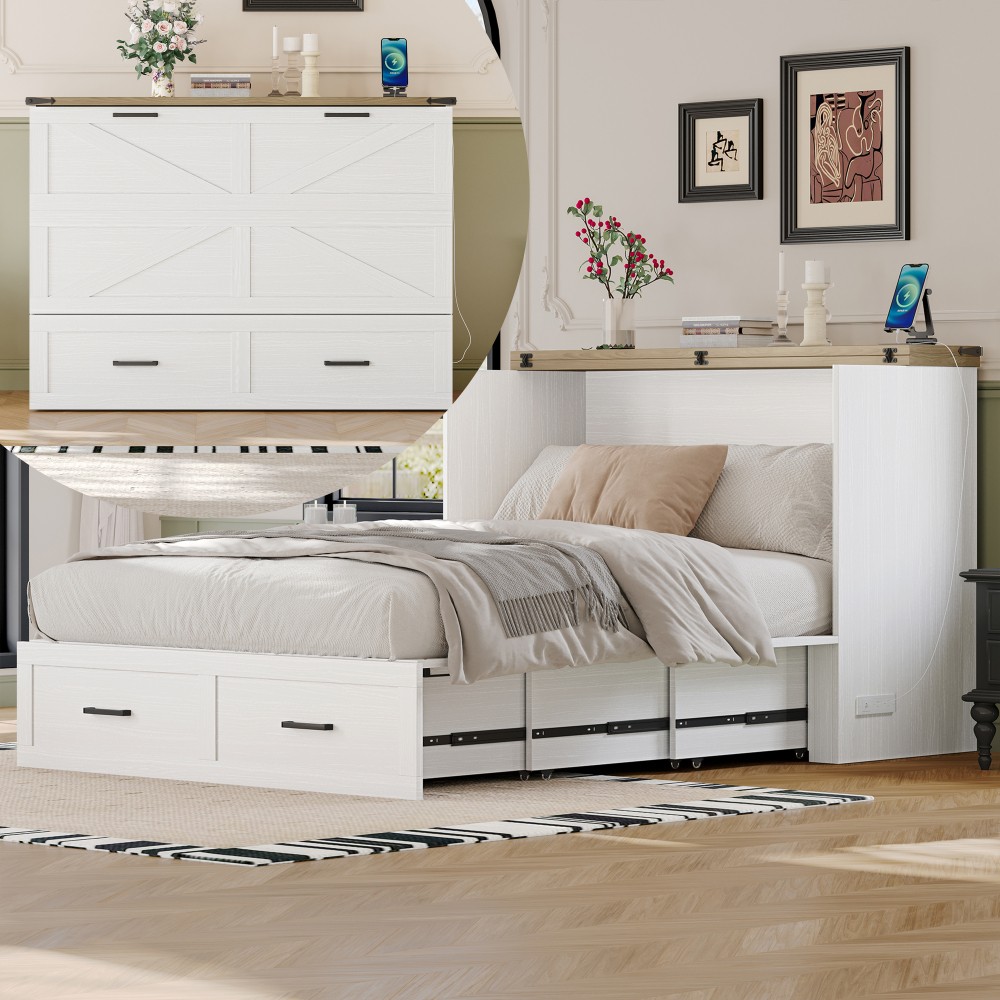 Full Queen Murphy Bed ，Folded Cabinet Bed w/ Charging , Drawer,