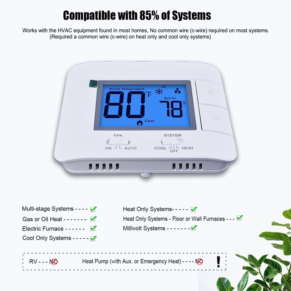 Non Programmable Thermostat for Home - Multi Stage 2H/2C, with Large LCD Display