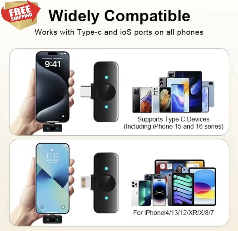 3 in 1 Microphone for iPhone/Android/Camera, Wireless Lavalier Microphone