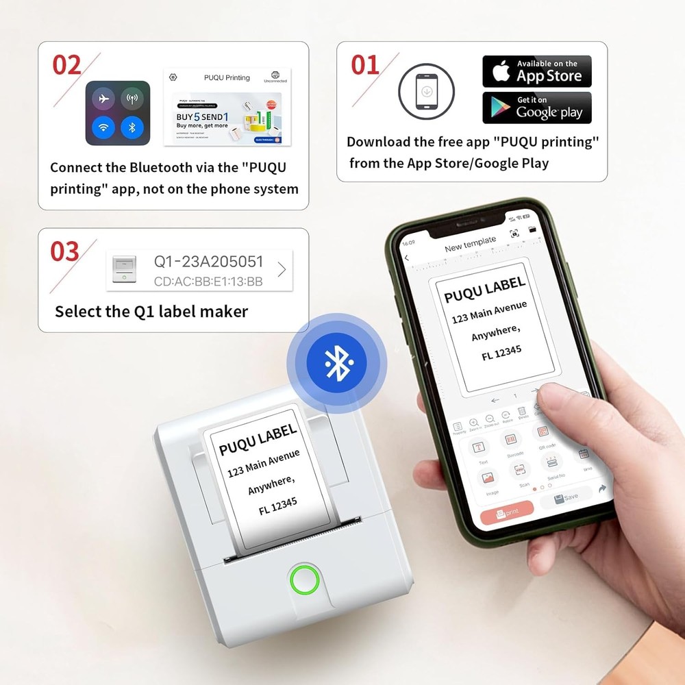 PUQU Q1 Bluetooth Label Maker Machine 2" Portable Printer + 40x30mm Tape