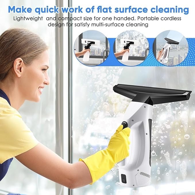 Window Vacuum Squeegee Cordless, Handheld Window Vac with Multi-Purpose Spray