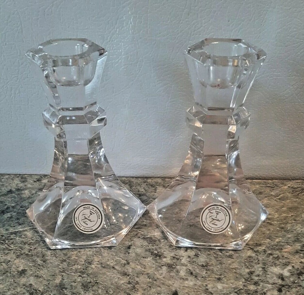 2 Lead Crystal 24% Clear Candlesticks Holders Austrian