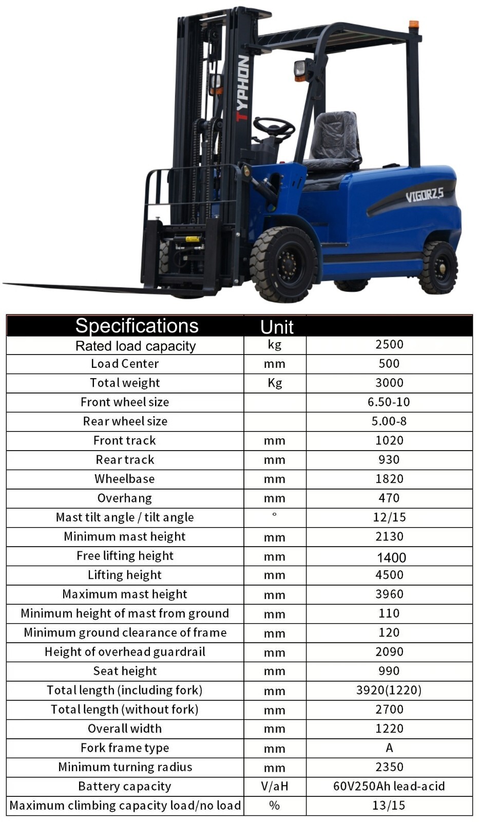 New 2.5 Ton Capacity TYPHON Electric Forklift w 70Ah Charger Lead-acid battery