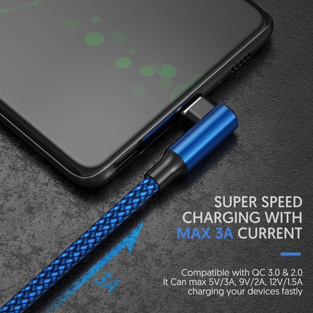 USB C Cable 90 Degree Right Angle[2Pack 10FT], A to Type C Nylon Blue