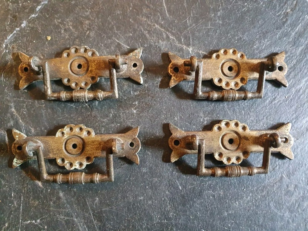 4 Antique Arts & Crafts solid brass pull Drawer Handles 8.5cms wide Aesthetic