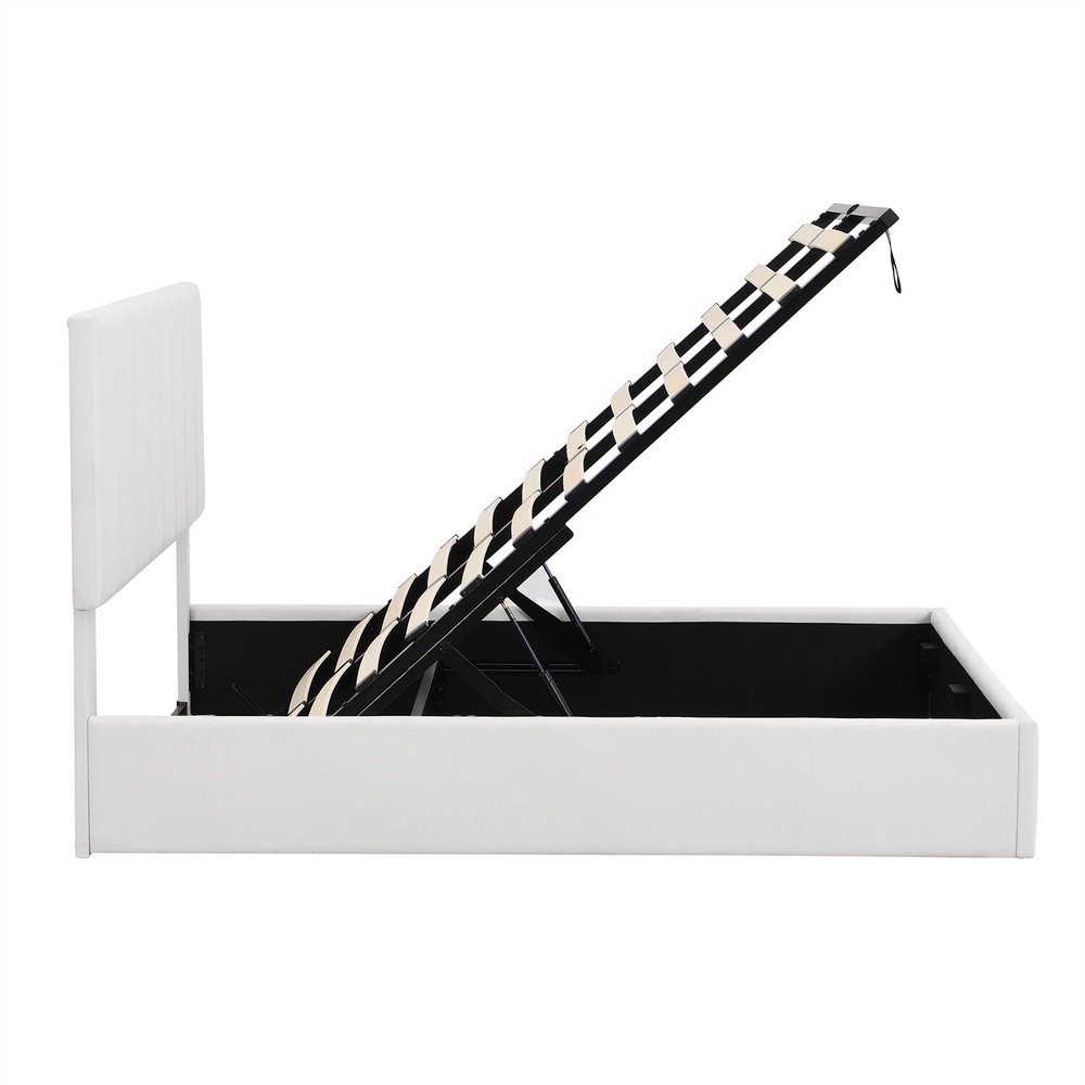 Full Size Upholstered Platform Bed Frame with Hydraulic Storage System White