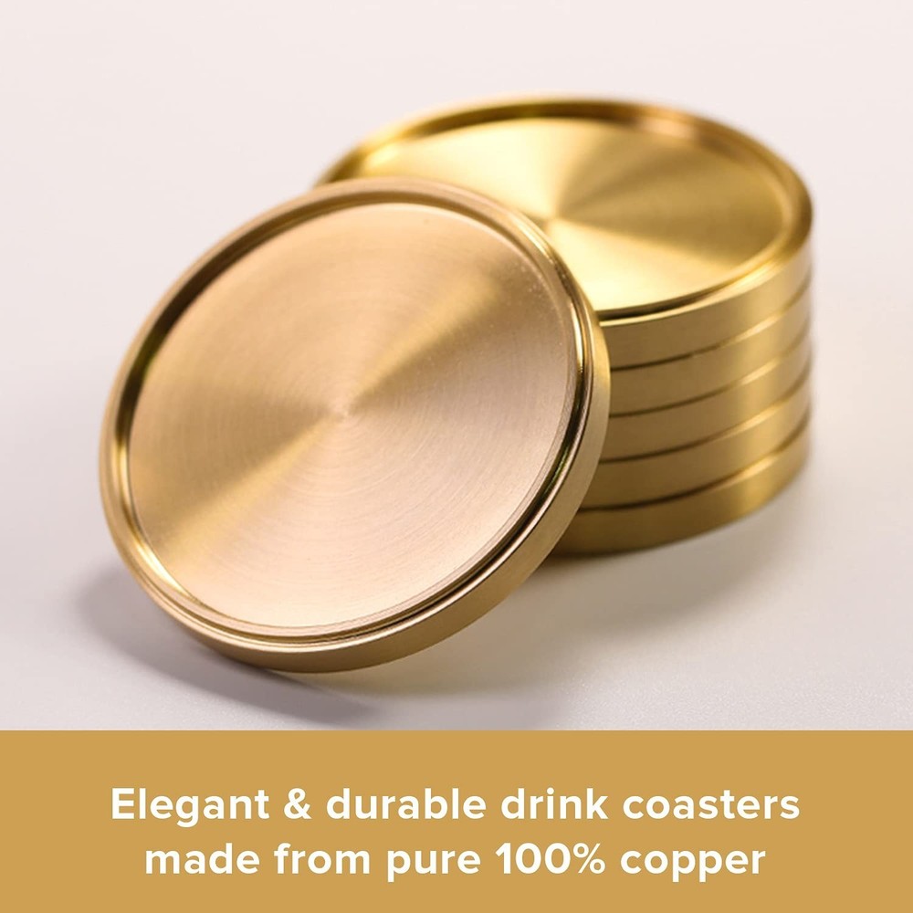 Heavy Brass Coasters for Drinks (6-Pack) - Solid Bronze Gold Coasters - Class...